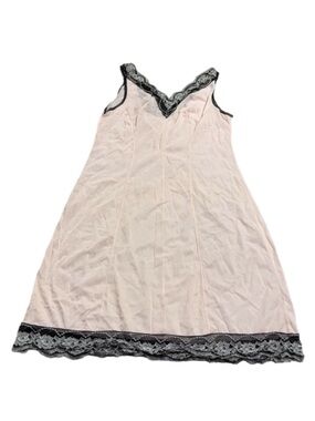 60s/70s European Vintage Perlon Silky Lace Trim Midi Slip Dress (Pink/Black) M/L
